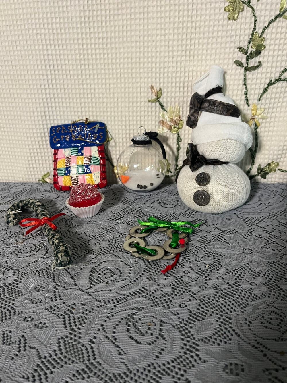 Handmade Christmas Ornament Lot 6 Sock Snowman Washer Wreath Candy Glass Snowman